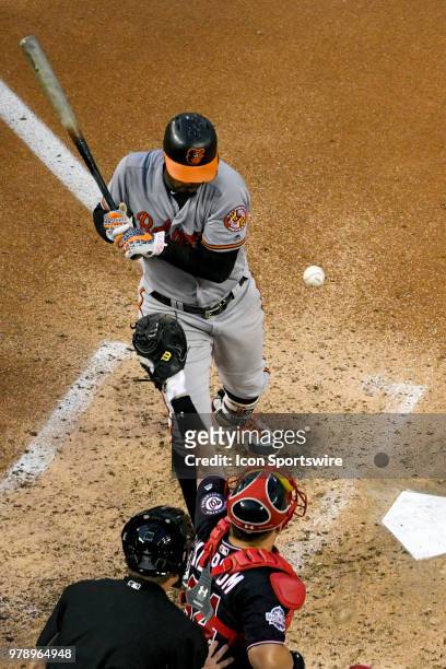 Baltimore Orioles center fielder Adam Jones his hit by a pitch in the fifth inning during the game between the Baltimore Orioles and the Washington...