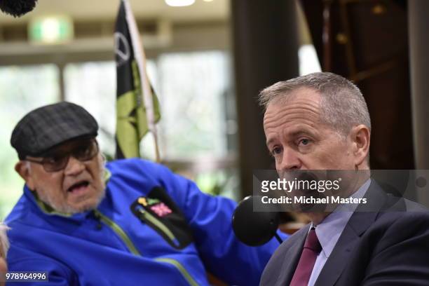 The Leader of the Opposition Bill Shorten, speaks with aged care resident Eddie Diaz during a visit to the Goodwin Village aged care facility on June...