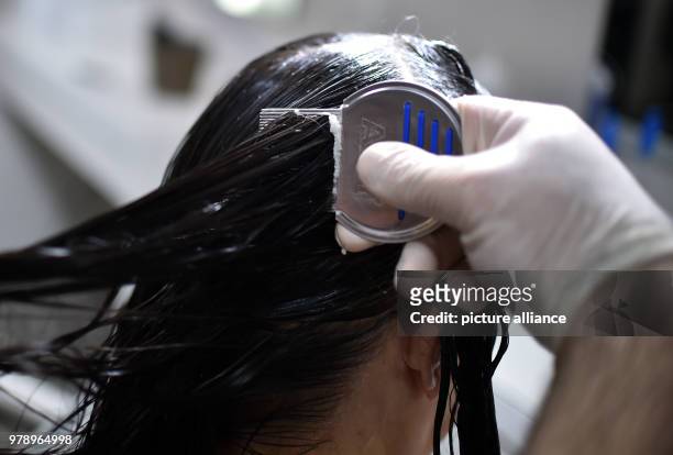 March 2018, Germany, Berlin: Naram Shakra removes head lice and nits from a customer using a lice comb at the anti lice salon "Bye bye Laeuse" ....