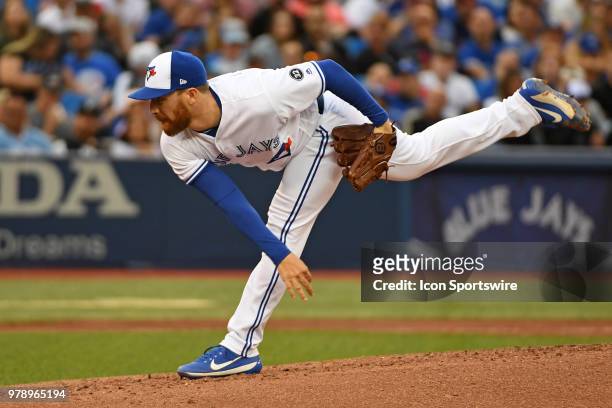 Toronto Blue Jays Pitcher Danny Barnes pitches during the regular season MLB game between the Atlanta Braves and Toronto Blue Jays on June 19, 2018...