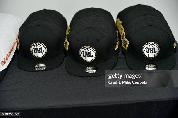 View of caps on display at the JBL x MB3 Draft Party, hosted by JBL and Complex at Hotel on Rivington on June 19, 2018 in New York City.