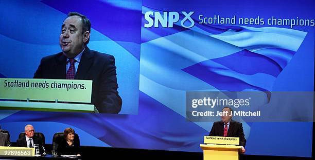 Alex Salmond Scottish National Party leader gives his key note speech at the party conference on March 20, 2010 in Aviemore, Scotland. Alex Salmond...