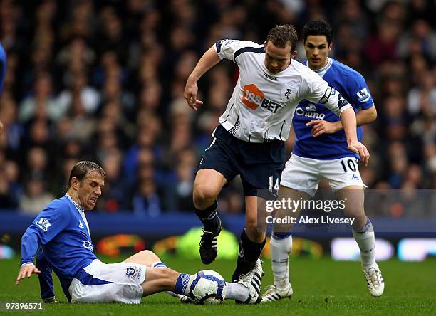 Kevin Davies of Bolton Wanderers beats Phil Neville of Everton during the Barclays Premier League match between Everton and Bolton Wanderers at...