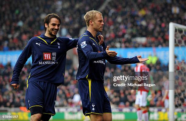 Eidur Gudjohnsen of Tottenham celebrates scoring the first goal with team mate Niko Kranjcar during the Barclays Premier League match between Stoke...