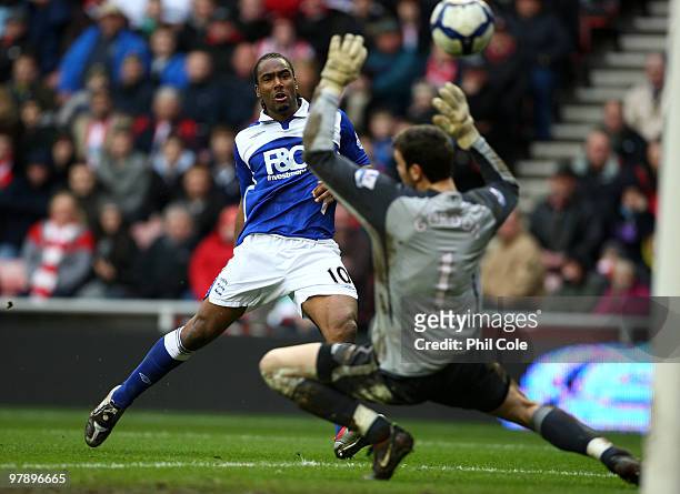 Cameron Jerome of Birmingham City scores during the Barclays Premier League match between Sunderland and Birmingham City at the Stadium of Light on...