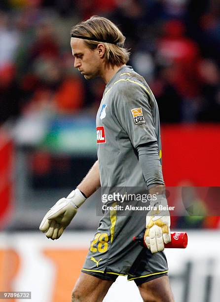 Goalkeeper Timo Hildebrand of Hoffenheim leaves the pitch after the Bundesliga match between 1. FC Nuernberg and 1899 Hoffenheim at Easy Credit...