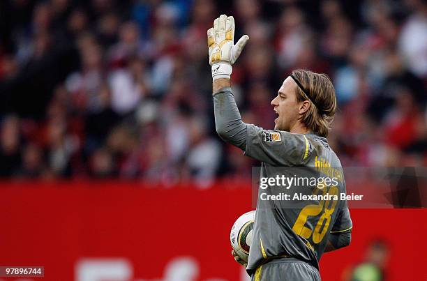 Goalkeeper Timo Hildebrand of Hoffenheim reacts during the Bundesliga match between 1. FC Nuernberg and 1899 Hoffenheim at Easy Credit Stadium on...