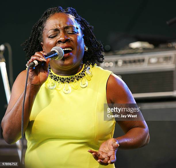 Sharon Jones of Sharon Jones & The Dap Kings performs in concert at the Spin Party at Stubbs on March 19, 2010 in Austin, Texas.