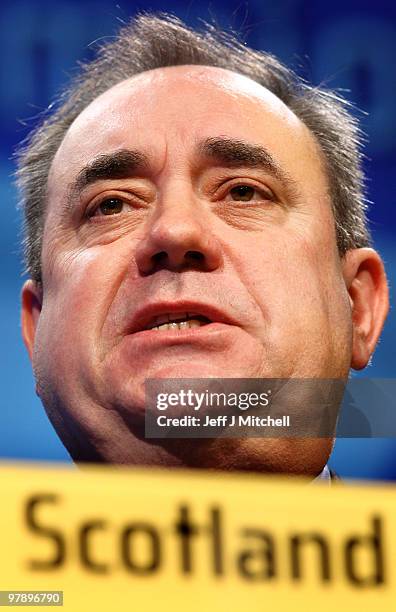 Alex Salmond Scottish National Party leader gives his key note speech at the party conference on March 20, 2010 in Aviemore, Scotland. Alex Salmond...