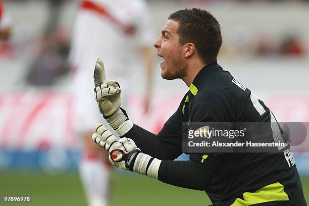 Goalkeeper Florian Fromlowitz of Hannover reacts during the Bundesliga match between VfB Stuttgart and Hannover 96 at Mercedes-Benz Arena on March...