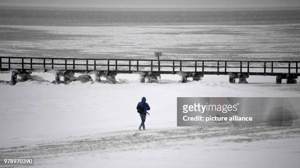 March 2018, Germany, Wyk: A pedestrian walking along a snow-covered beach. The north sea island Foehr has not seen this much snow for many years....