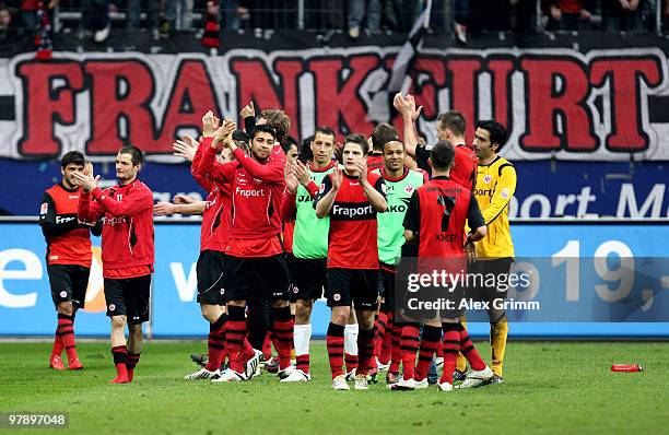 Players of Frankfurt celebrate after winning the Bundesliga match between Eintracht Frankfurt and Bayern Muenchen at the Commerzbank Arena on March...