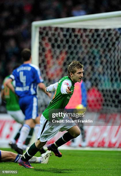 Marko Marin of Bremen celebrates scoring his team's second goal during the Bundesliga match between SV Werder Bremen and VfL Bochum at Weser Stadium...