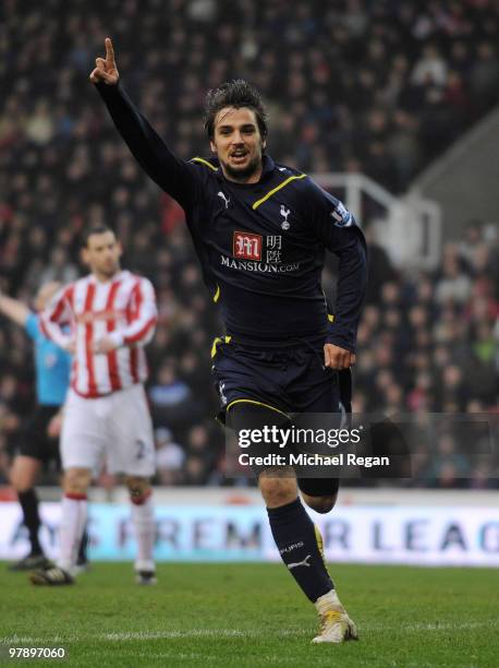 Niko Kranjcar of Tottenham celebrates scoring the 2:1 goal during the Barclays Premier League match between Stoke City and Tottenham Hotspur at the...