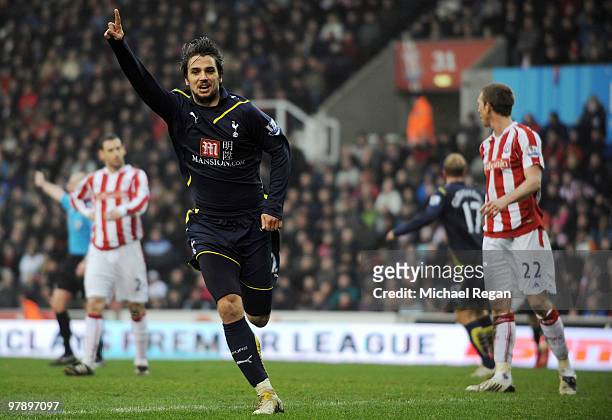 Niko Kranjcar of Tottenham celebrates scoring to make it 2-1 during the Barclays Premier League match between Stoke City and Tottenham Hotspur at the...