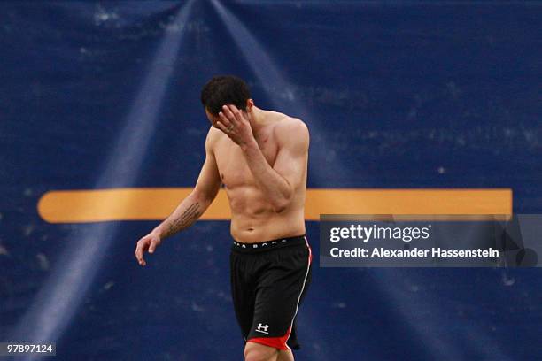 Sergio Pinto of Hannover reacts after the Bundesliga match between VfB Stuttgart and Hannover 96 at Mercedes-Benz Arena on March 20, 2010 in...