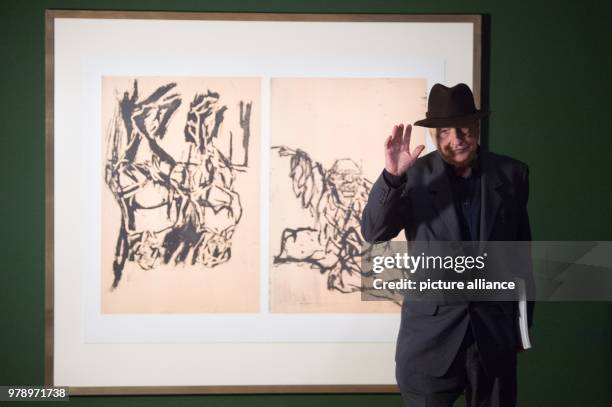 March 2018, Germany, Dresden: The German painter Georg Baselitz stands in front of his art work 'Hokusai und ein Paar' in the exhibition 'Maniera...