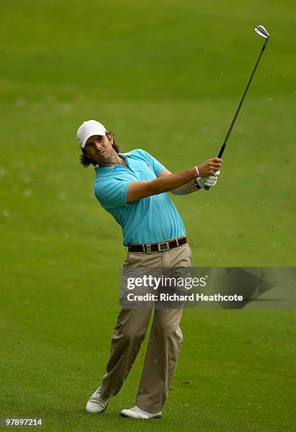 Thomas Aiken of South Africa plays into the 16th green during the third round of the Hassan II Golf Trophy at Royal Golf Dar Es Salam on March 20,...