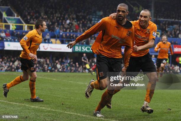 Caleb Folan of Hull City celebrates after scoring during the Barclays Premier League match between Portsmouth and Hull City at Fratton Park on March...