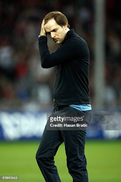 Head coach Thomas Tuchel of Mainz disapointed after the Bundesliga match between SC Freiburg and FSV Mainz 05 at Badenova Stadium on March 20, 2010...