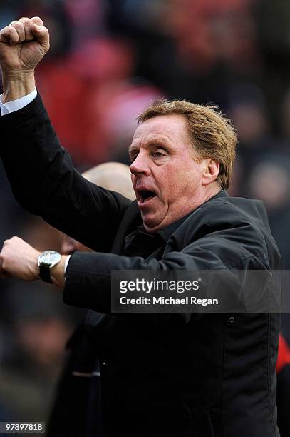 Tottenham manager Harry Redknapp celebrates victory after the Barclays Premier League match between Stoke City and Tottenham Hotspur at the Britannia...