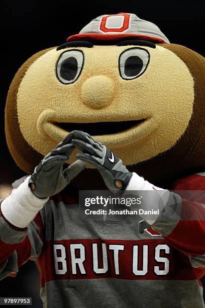 Brutus, the mascot of the Ohio State Buckeyes, performs during a break in the game against the UC Santa Barbara Gauchos during the first round of the...