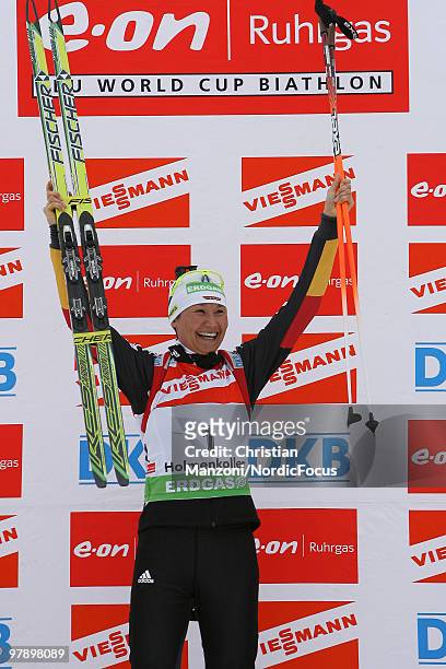 Simone Hauswald of Germany celebrates after the women's pursuit in the E.On Ruhrgas IBU Biathlon World Cup on March 20, 2010 in Oslo, Norway.