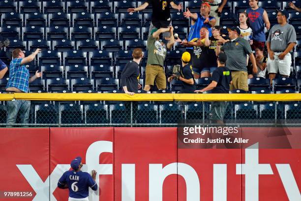 Lorenzo Cain of the Milwaukee Brewers watches a home run ball clear the fence in the eighth inning against the Pittsburgh Pirates at PNC Park on June...