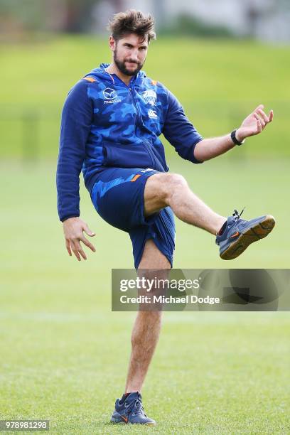 Jarrad Waite of the Kangaroos is seen moments after he announced that he would miss next round due to a lower leg injury during a North Melbourne...