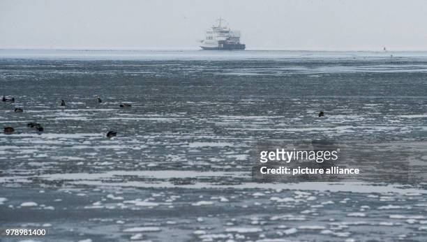 March 2018, Germany, Schaprode: The ferry "Vitte" driving on the ice covered Bodden near the island Ruegen. The Hiddensee shipping company is driving...