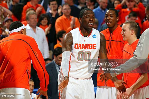 Rick Jackson of the Syracuse Orange takes the court before playing against the Vermont Catamounts during the first round of the 2010 NCAA men's...