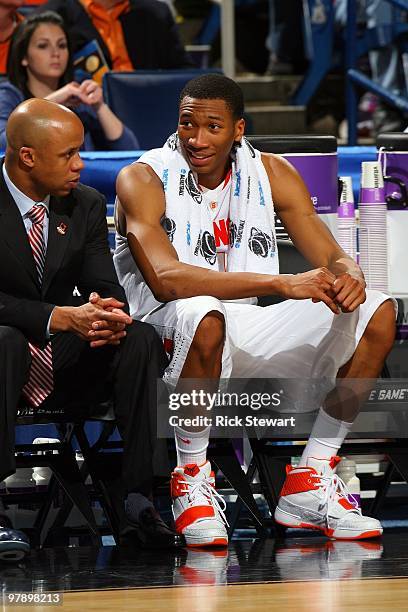 Wes Johnson of the Syracuse Orange sits on the bench against the Vermont Catamounts during the first round of the 2010 NCAA men's basketball...