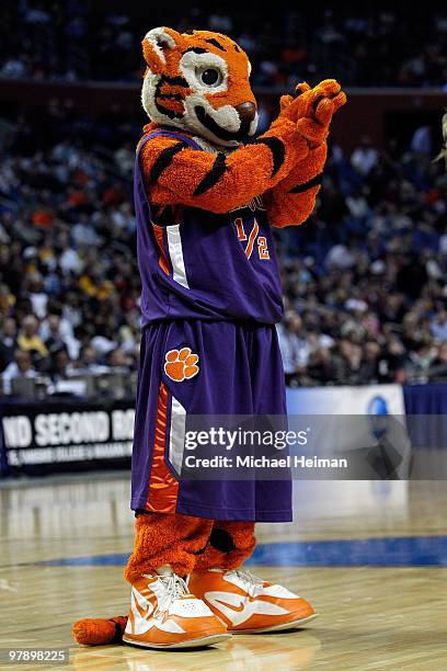 The Clemson Tigers mascot performs during the first round of the 2010 NCAA men's basketball tournament at HSBC Arena on March 19, 2010 in Buffalo,...