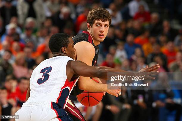 Demetri Goodson of the Gonzaga Bulldogs defends against Luke Loucks of the Florida State Seminoles during the first round of the 2010 NCAA men's...