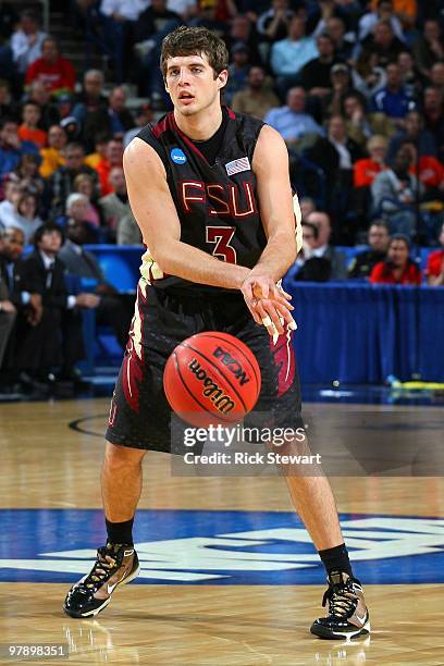 Luke Loucks of the Florida State Seminoles passes during the first round of the 2010 NCAA men's basketball tournament at HSBC Arena on March 19, 2010...