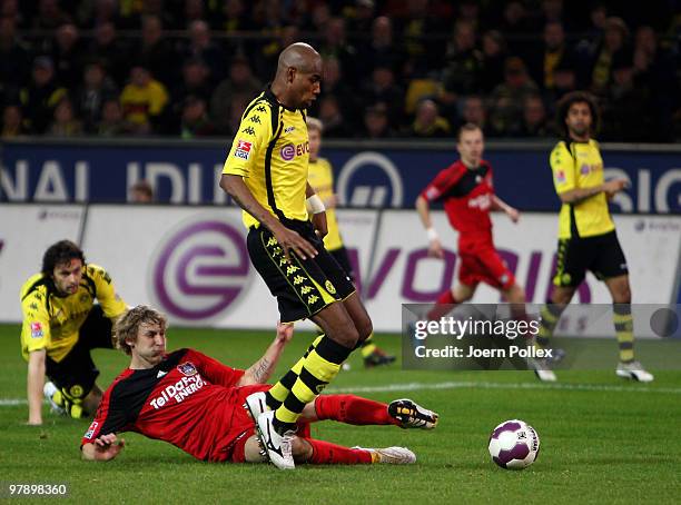 Felipe Santana of Dortmund and Stefan Kiessling of Leverkusen compete for the ball during the Bundesliga match between Borussia Dortmund and Bayer...