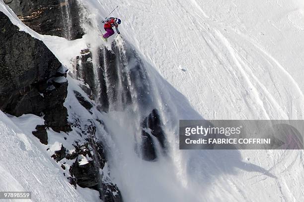 Norwegian Ane Enderud competes to win in the women's Ski competition at the Xtreme Freeride World Tour final on March 20, 2010 above the Swiss Alps...