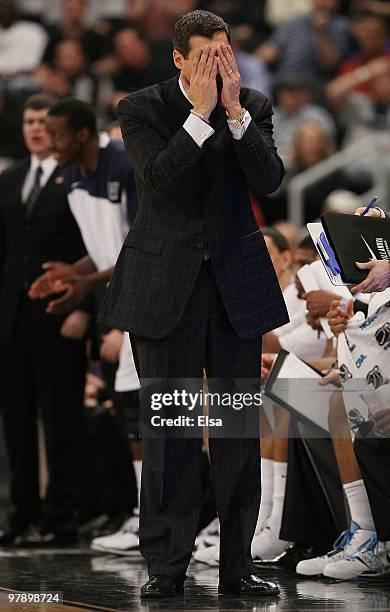 Head coach Jay Wright of the Villanova Wildcats reacts to a foul call against one of his players in the first half against the Saint Mary's Gaels...