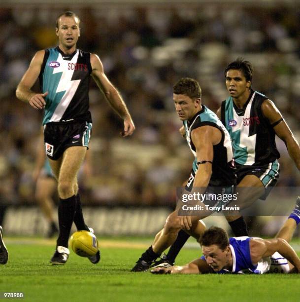 Clayton Lasscock for the Kangaroos loses control of the ball in the Ansett Cup semi-final match between Port Power and the North Melbourne Kangaroos...