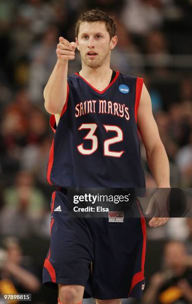 Mickey McConnell of the Saint Mary's Gaels points to teammate Ben Allen after he scored in the first half against the Villanova Wildcats during the...