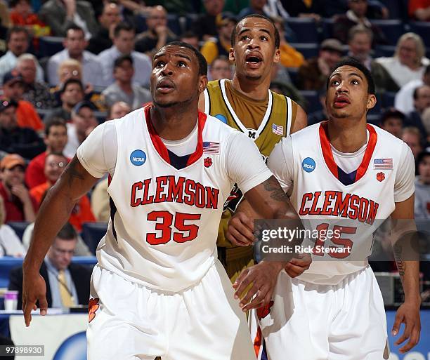 Trevor Booker and David Potter of the Clemson Tigers box out against the Missouri Tigers during the first round of the 2010 NCAA men's basketball...