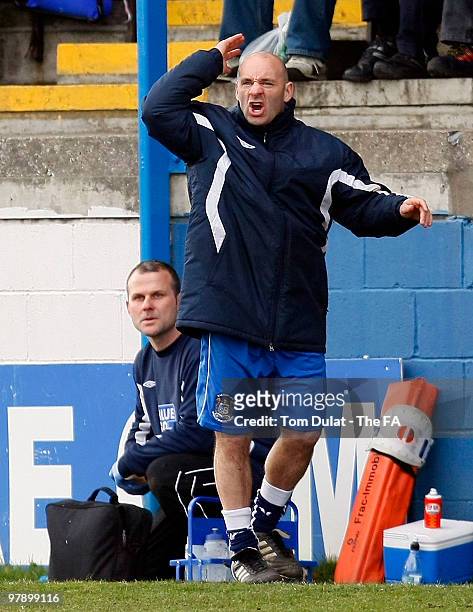 Manager of Barrow Darren Sheridan gives instructions during the FA Trophy Semi Final match between Barrow and Salisbury City at Holker Street Stadium...