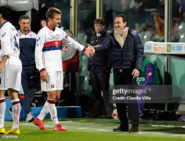 Fiorentina's head coach Cesare Prandelli acknowledges Domenico Criscito of Genoa during the Serie A match between ACF Fiorentina and Genoa CFC at...