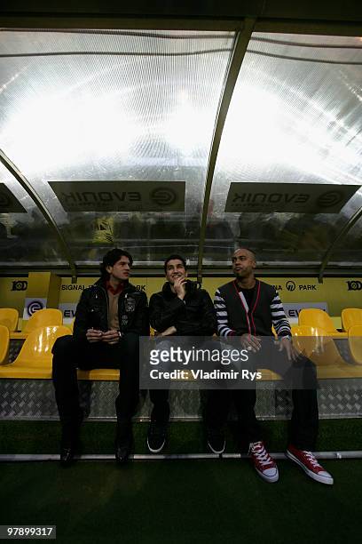 Nelson Valdez, Nuri Sahin and Dede of Dortmund are pictured ahead the Bundesliga match between Borussia Dortmund and Bayer Leverkusen at Signal Iduna...