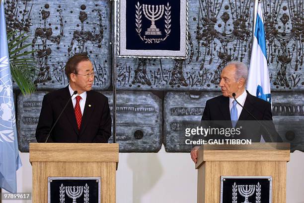 Secretary General Ban Ki-moon and Israeli President Shimon Peres hold a joint press conference at the presidential compound in Jerusalem on March 20,...