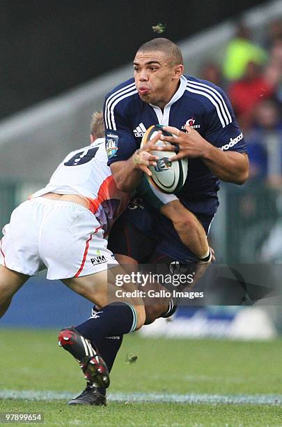 Stormers wing Bryan Habana is tackled during the Super 14 round six match between the Stormers and Cheetahs at Newlands Stadium on March 20, 2010 in...