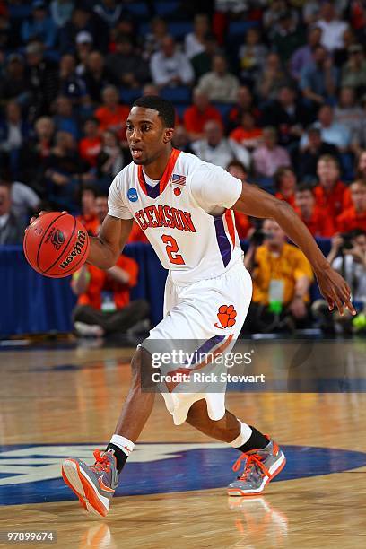 Demontez Stitt of the Clemson Tigers handles the ball against the Missouri Tigers during the first round of the 2010 NCAA men's basketball tournament...