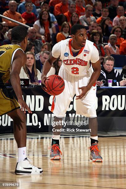 Demontez Stitt of the Clemson Tigers handles the ball against the Missouri Tigers during the first round of the 2010 NCAA men's basketball tournament...