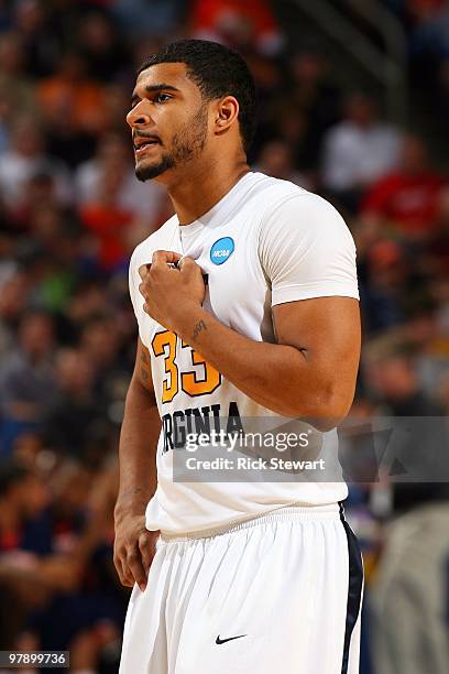 Casey Mitchell of the West Virginia Mountaineers looks on against the Morgan State Bears during the first round of the 2010 NCAA men's basketball...