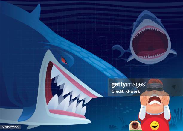 stockillustraties, clipart, cartoons en iconen met kid vergadering boos haaien via vr-bril - cartoon shark